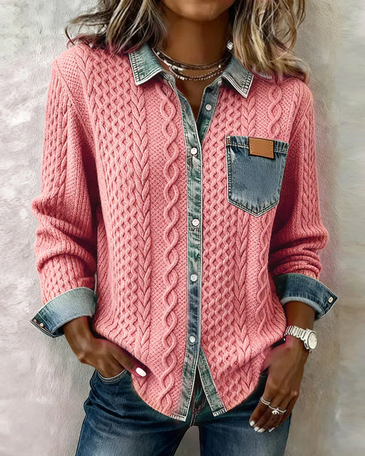 Women’s Cable-Knit Denim Trim Button Shirt