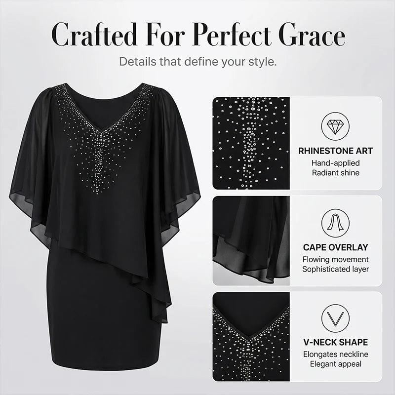 Women's Rhinestone Cape Overlay Midi Dress