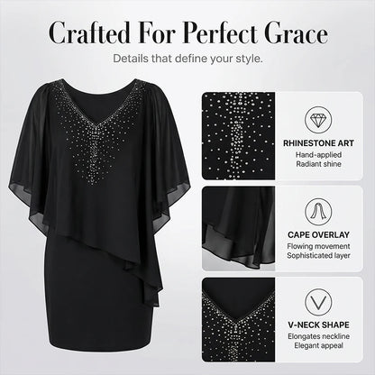 Women's Rhinestone Cape Overlay Midi Dress