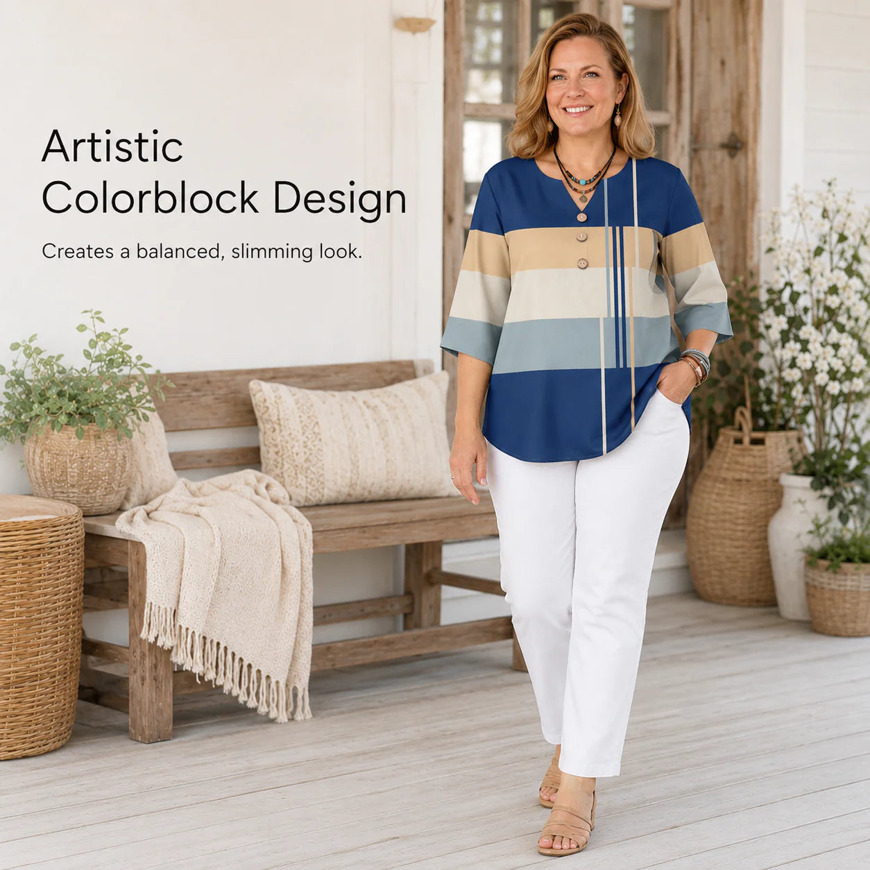 Women’s Plus-Size Geometric Colour-Block Blouse