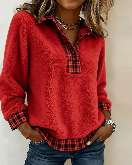 Plaid Patchwork Cotton Blend Sweatshirt