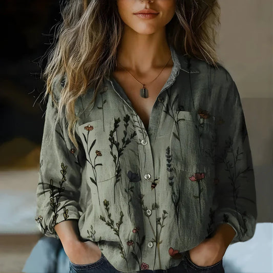 Women’s Vintage Printed Button-Up Blouse