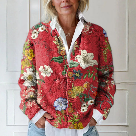 Women’s Vintage Floral Button-Knit Cardigan