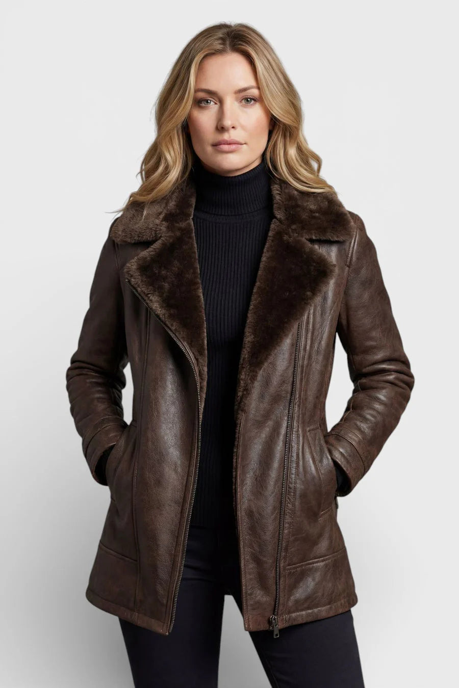 Women’s Sheepskin-Look Lined Leather-Look Jacket