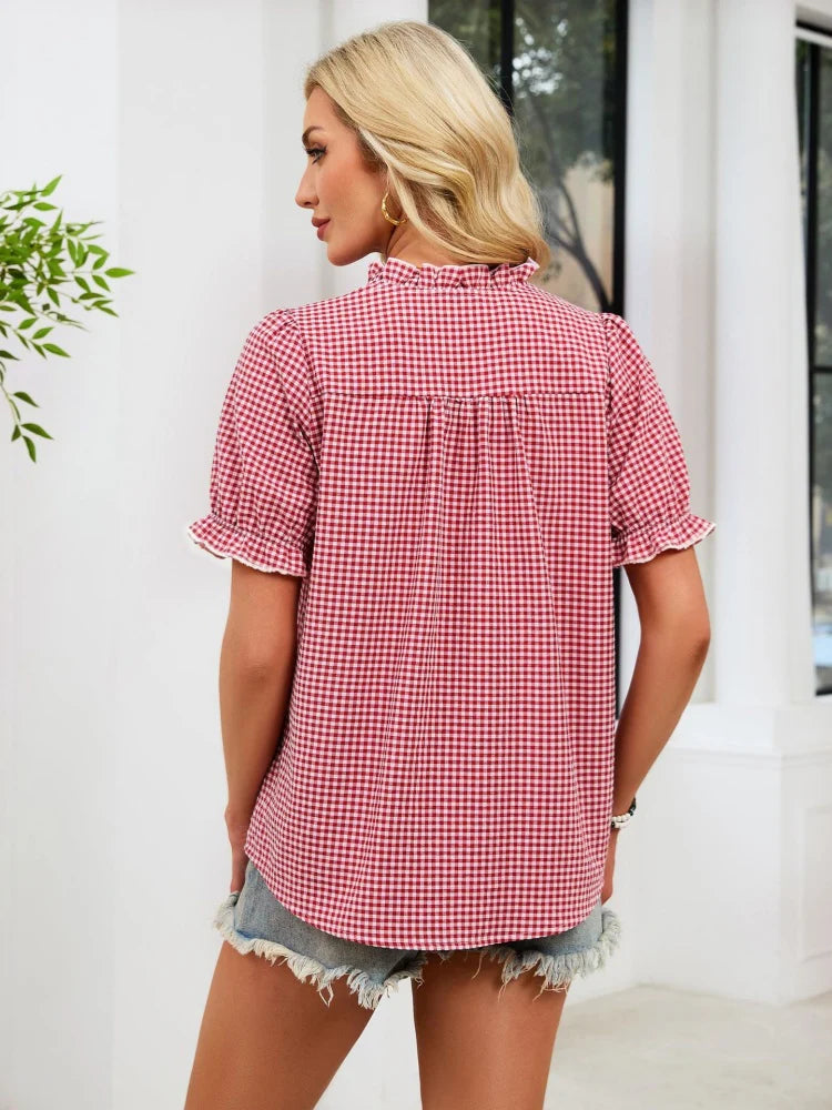 Women's Gingham Ruffle Neck Blouse
