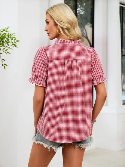 Women's Gingham Ruffle Neck Blouse