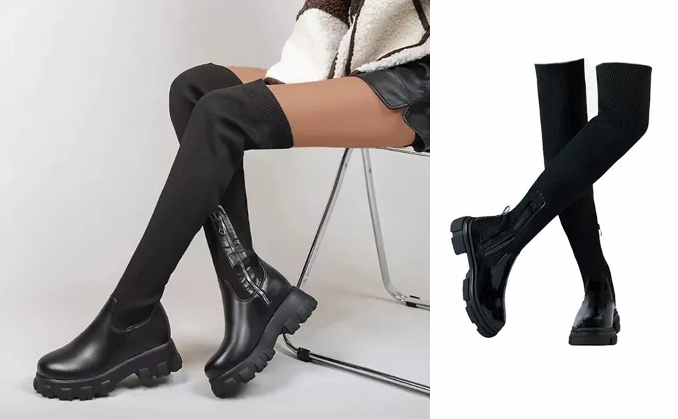 Women’s Stretch Knit Over The Knee Chunky Sole Boots