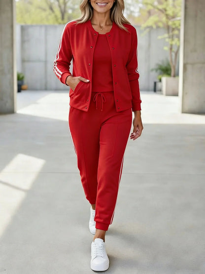 Women’s Sport Stripe Button Jacket & Jogger 3-Piece Set