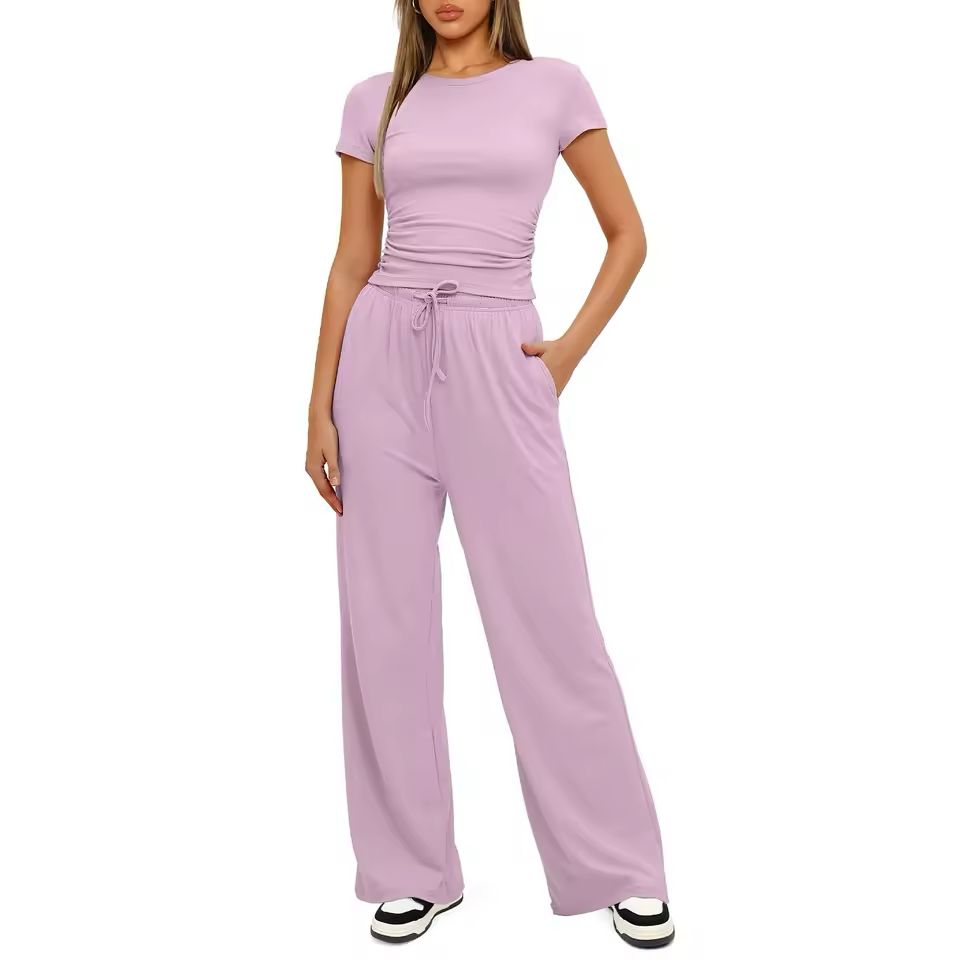Women's Summer Ruched Top & Wide-Leg Pants Set