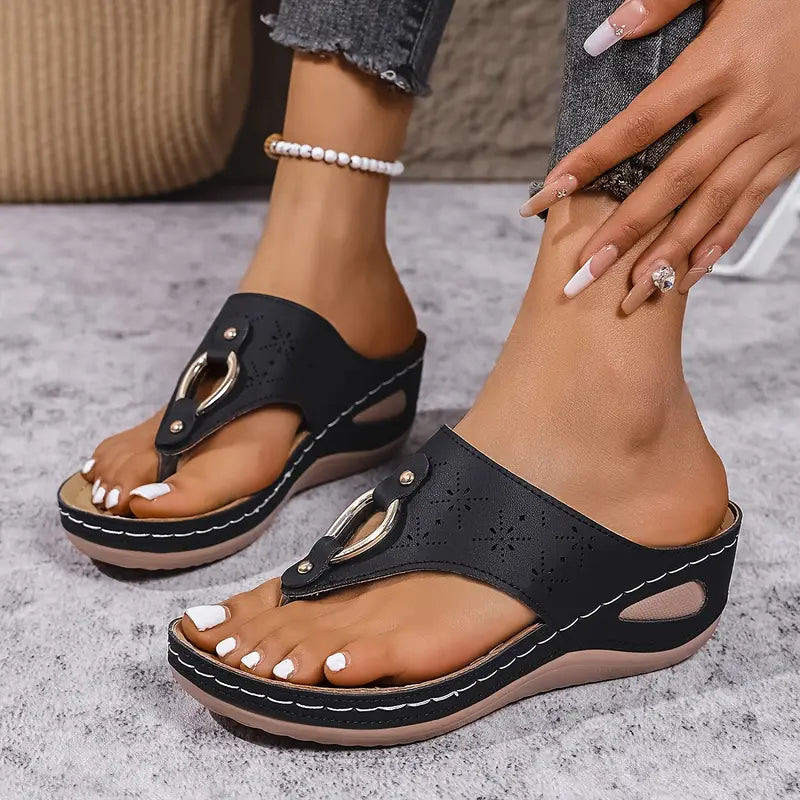 Women's Strappy Wedge Slide Sandals - Black Faux Leather