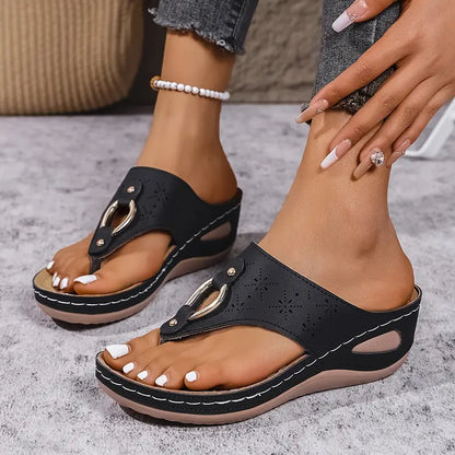 Women's Strappy Wedge Slide Sandals - Black Faux Leather
