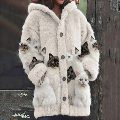 Women’s Fluffy Cat Print Hooded V-Neck Knit Jumper