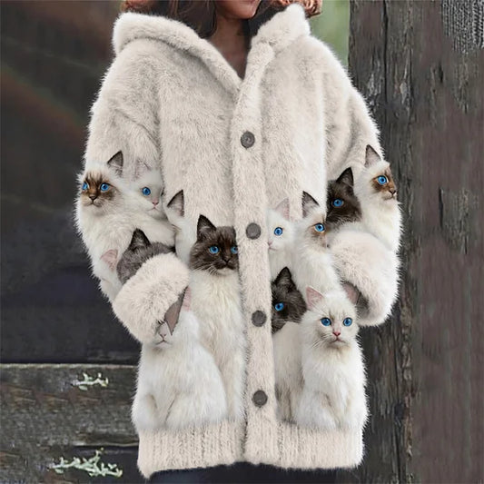 Women’s Fluffy Cat Print Hooded V-Neck Knit Jumper