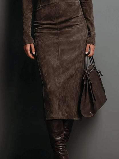 Women’s High Neck Suede-Effect Long-Sleeve Midi Dress