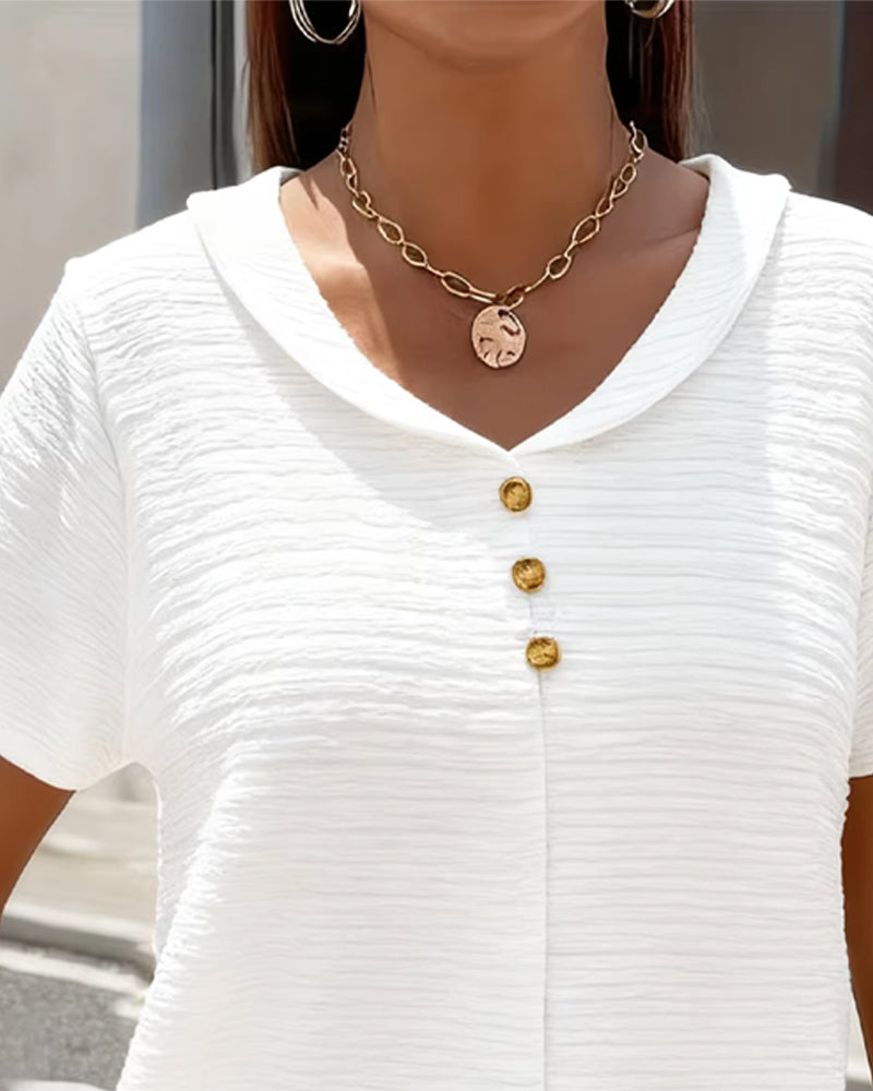 Women’s Textured V-Neck Button Detail Casual T-Shirt
