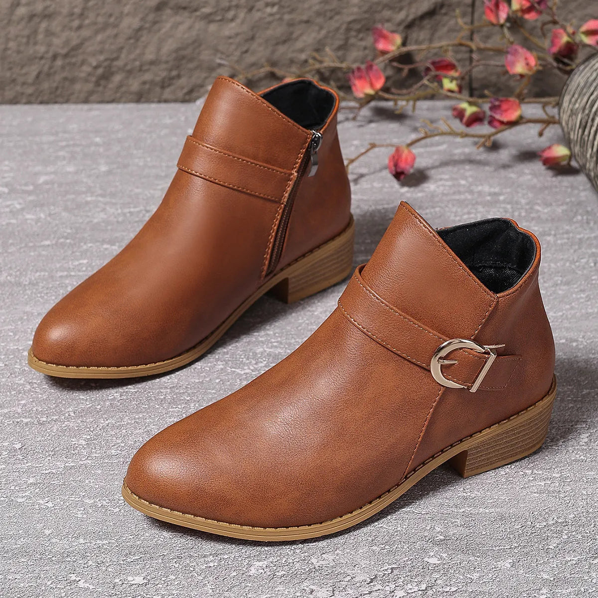 Women’s Comfortable Chunky Heel Leather-Look Ankle Boots