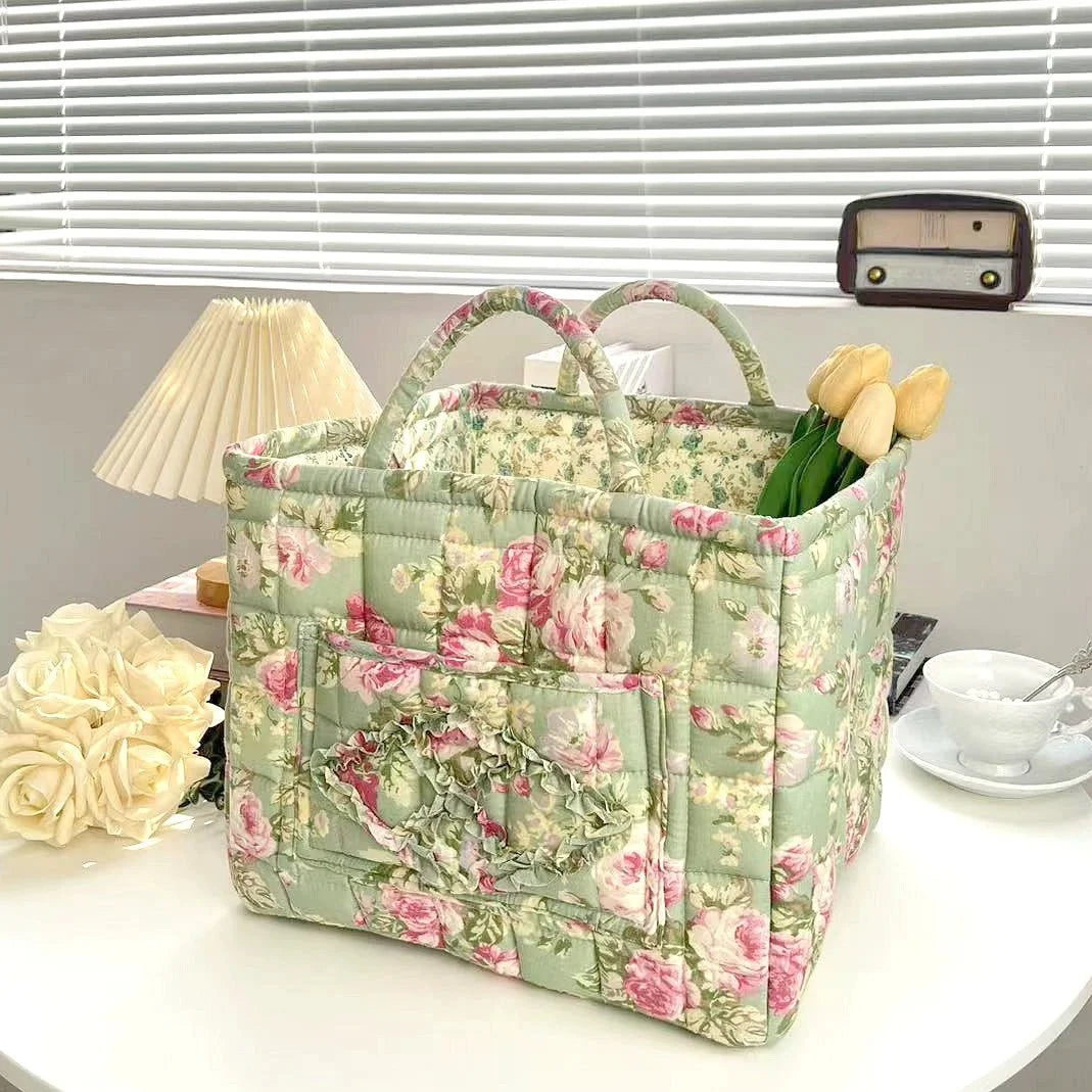 Boho Quilted Fabric Storage Basket Tote
