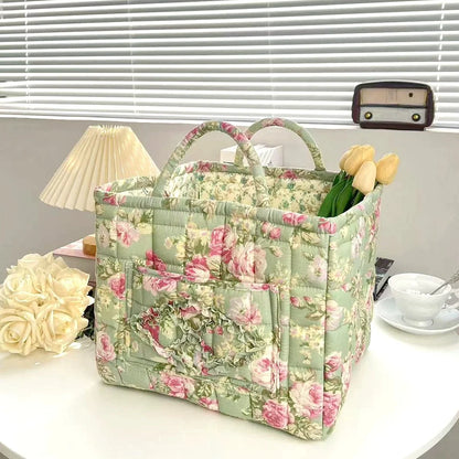 Boho Quilted Fabric Storage Basket Tote
