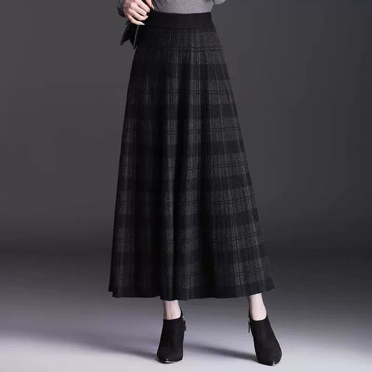 Women’s Knitted Wool Blend Plaid Maxi Skirt