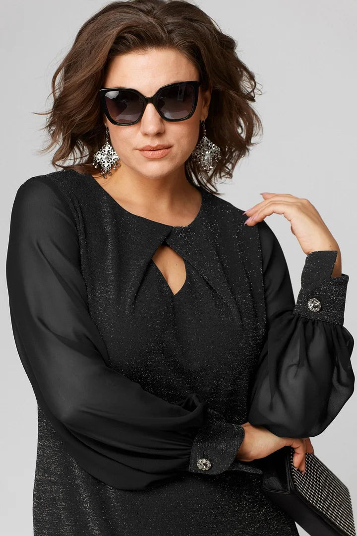 Women’s Sheer-Sleeve Shimmer Shift Dress