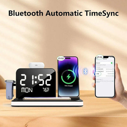 4-in-1 Fast Wireless Charging Station with LED Clock & Bluetooth Speaker