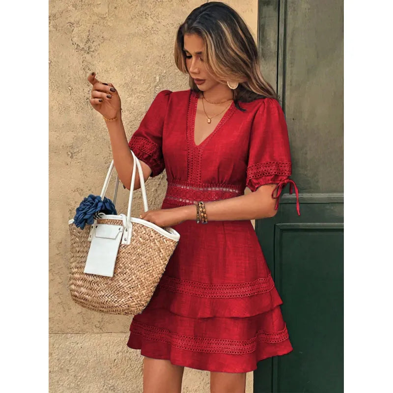 Women's Lace Trim Tiered V-Neck Dress