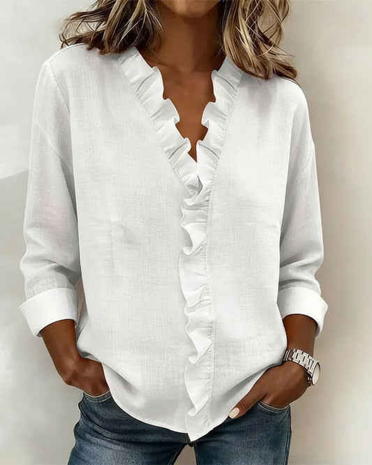 Women’s V-Neck Ruffle Cotton Blend Blouse with Long Sleeves
