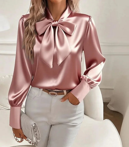 Women’s Satin Bow-Tie V-Neck Blouse