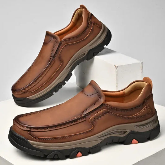 Men’s Supportive Leather-Look Walking Shoes with Cushioned Arch Comfort