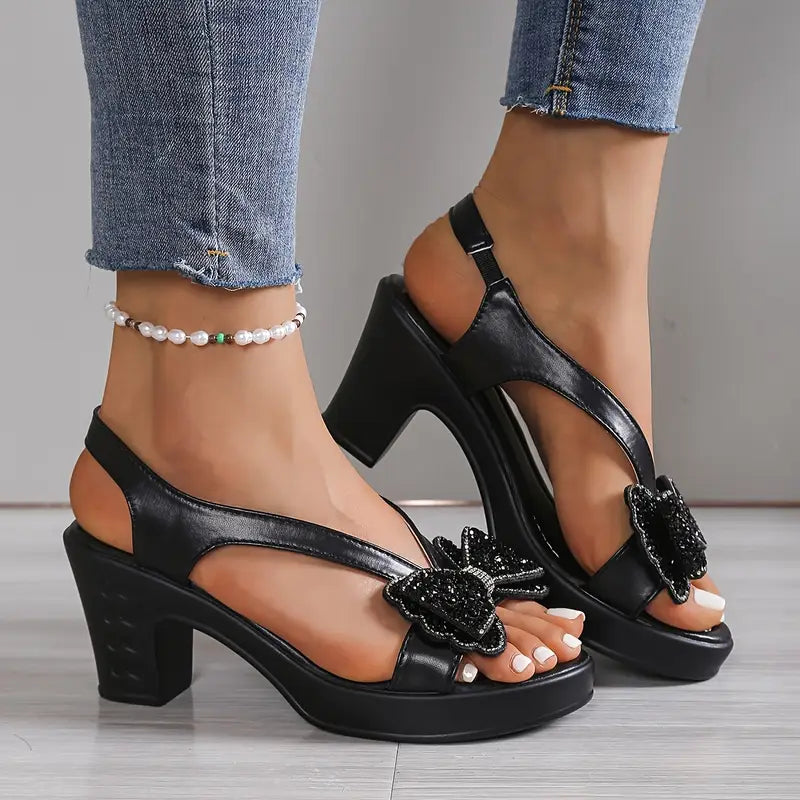 Orthopaedic Block Heel Sandals with Rhinestone & Bow