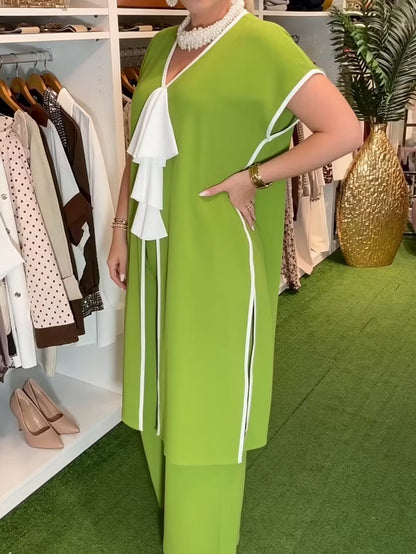 Women's Elegant Contrast-Trim Tunic and Wide-Leg Trouser Set