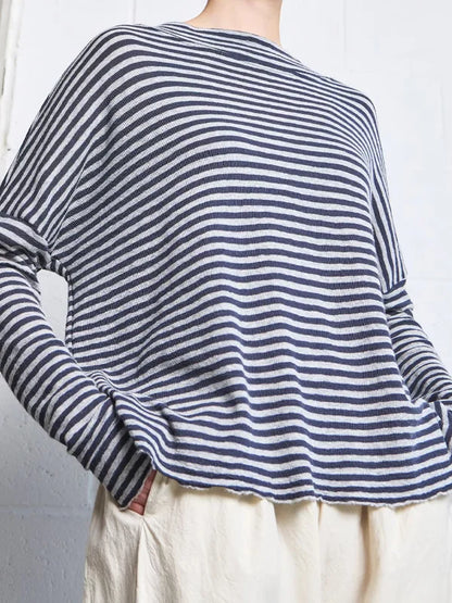 Women's Navy Striped Sheer Relaxed-Fit Long-Sleeve Top