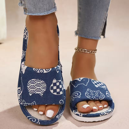 Women's Cat Print Open-Toe Home Slippers