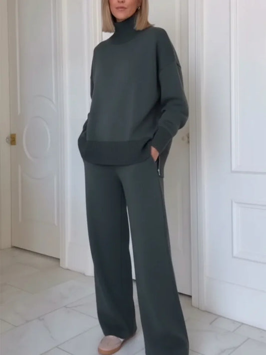 Women’s Stand-Collar Side-Zip Travel Top & Straight-Leg Trousers Set