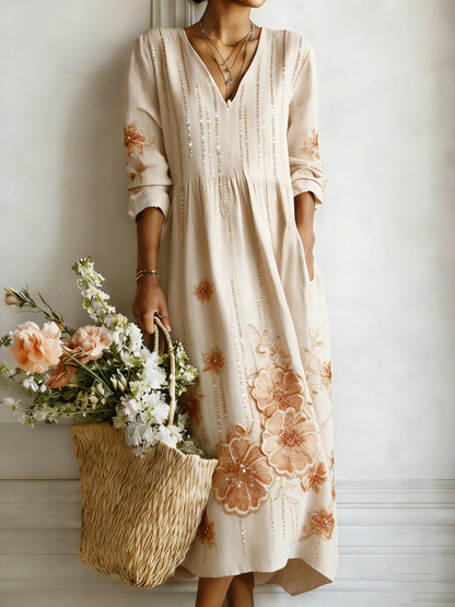 Women’s Serene Bloom V-Neck Linen Midi Dress