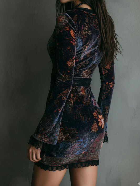Women’s Velvet Floral Lace-Trim V-Neck Mini Dress