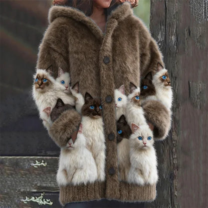 Women’s Fluffy Cat Print Hooded V-Neck Knit Jumper