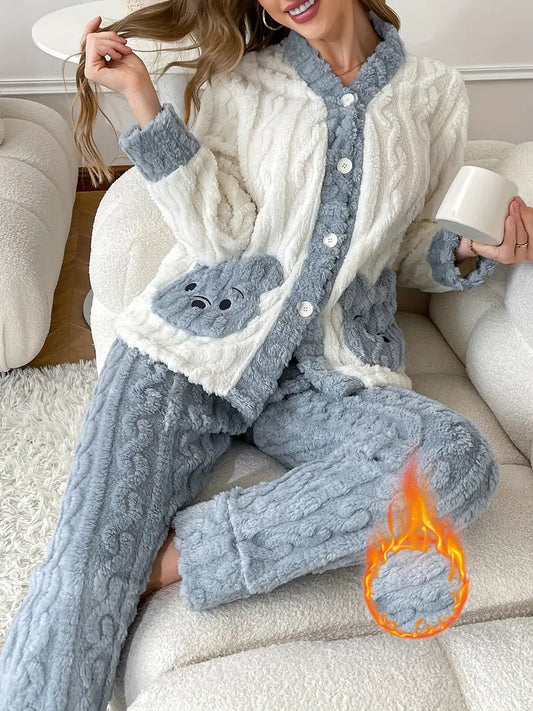 Cozy Bear Embroidered Women’s Long-Sleeve Robe Set