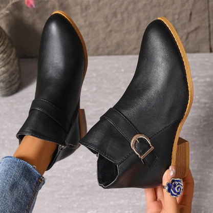 Women’s Comfortable Chunky Heel Leather-Look Ankle Boots