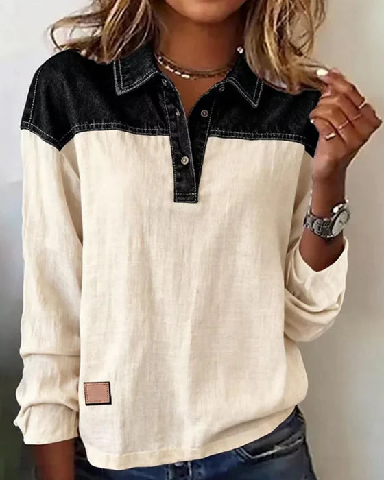 Women's Denim Harmony Patchwork Lapel Blouse