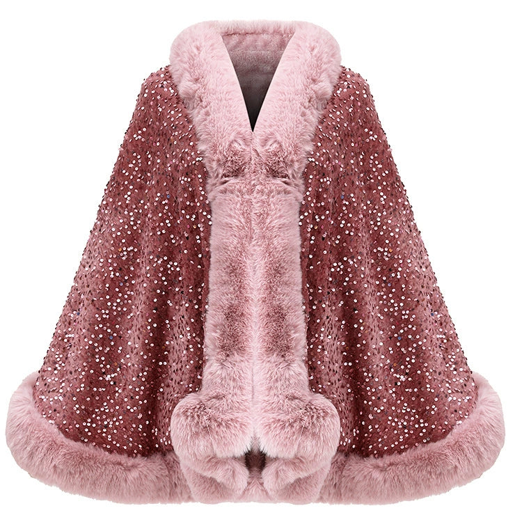 Women’s Sequined Faux Fur Trim Evening Shawl Wrap