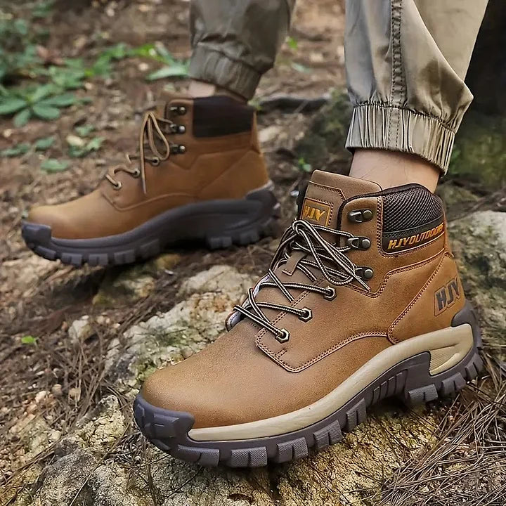 (🤜Work Hard For 5+ Years) Men Leather-Look Motorcycle Boots Waterproof Non-Slip Anti-Puncture Anti-Sprain Hiking Work Boots