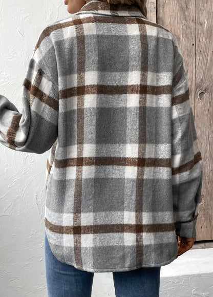 Women’s Grey Check Button-Front Shacket Coat