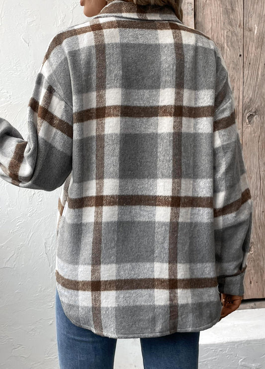 Women’s Grey Check Button-Front Shacket Coat