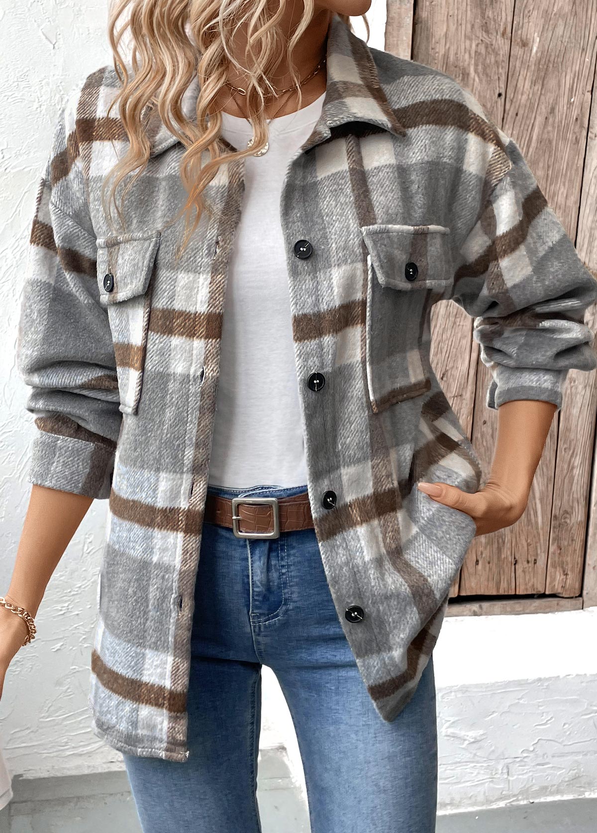 Women’s Grey Check Button-Front Shacket Coat