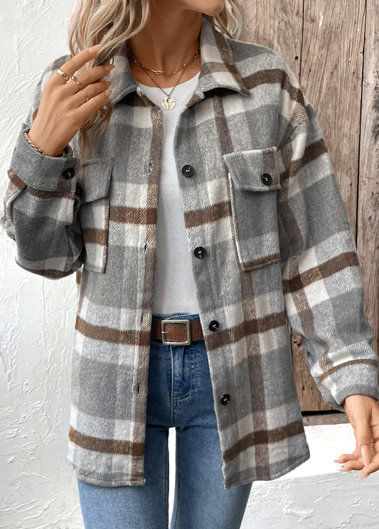 Women’s Grey Check Button-Front Shacket Coat