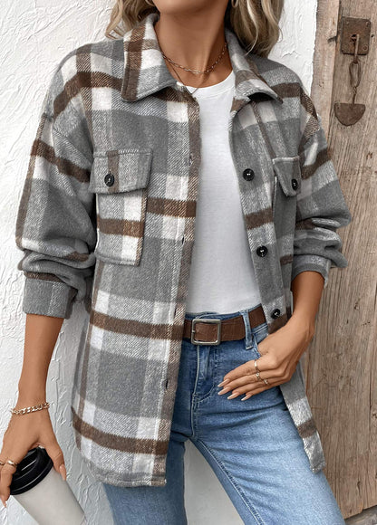 Women’s Grey Check Button-Front Shacket Coat