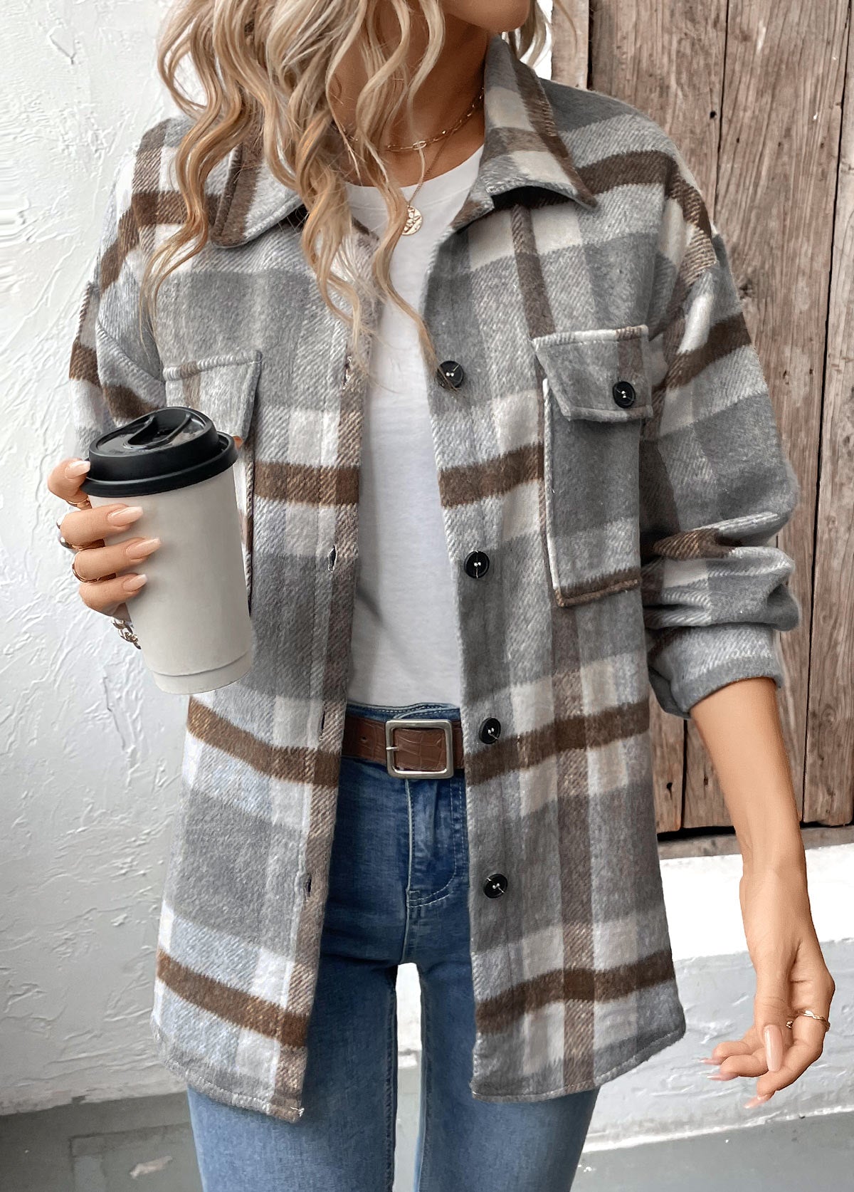 Women’s Grey Check Button-Front Shacket Coat