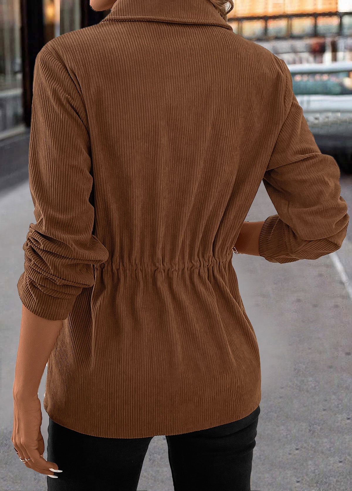 Women’s Dark Coffee Drawstring Corduroy Utility Shirt Jacket