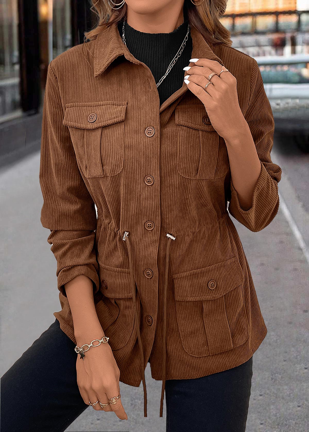 Women’s Dark Coffee Drawstring Corduroy Utility Shirt Jacket